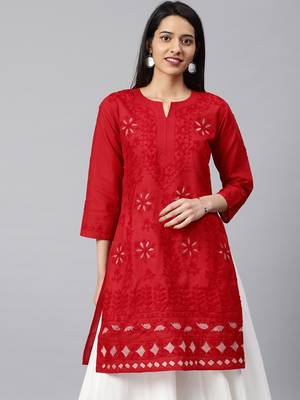 Red hand woven cotton chikankari-kurtis 4