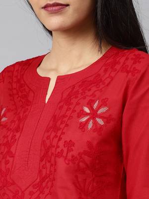 Red hand woven cotton chikankari-kurtis 5