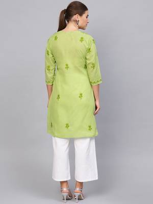 Light-green hand woven cotton chikankari-kurtis 2