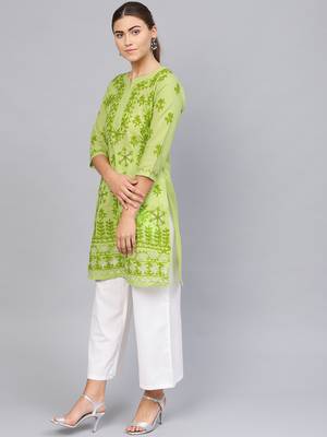 Light-green hand woven cotton chikankari-kurtis 3