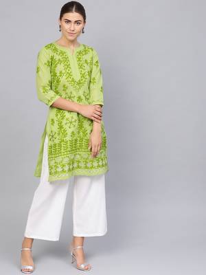 Light-green hand woven cotton chikankari-kurtis 4