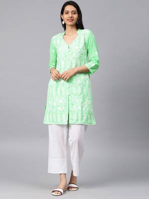 Light-sea-green hand woven cotton chikankari-kurtis 1