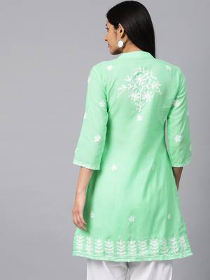 Light-sea-green hand woven cotton chikankari-kurtis 2