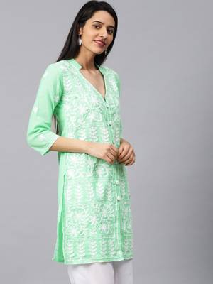 Light-sea-green hand woven cotton chikankari-kurtis 3