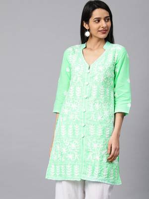 Light-sea-green hand woven cotton chikankari-kurtis 4