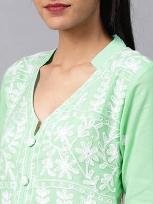 Light-sea-green hand woven cotton chikankari-kurtis 5
