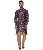 Blue Printed Brocade Silk Men Kurtas