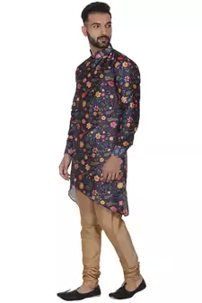Blue Printed Brocade Silk Men Kurtas