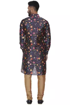 Blue Printed Brocade Silk Men Kurtas