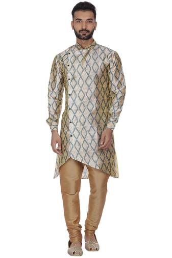 Beige Printed Brocade Silk Men Kurtas