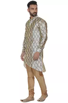 Beige Printed Brocade Silk Men Kurtas