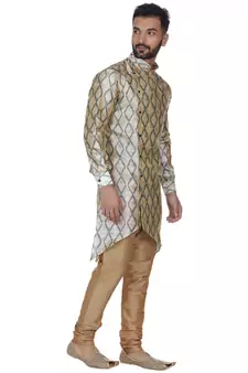 Beige Printed Brocade Silk Men Kurtas