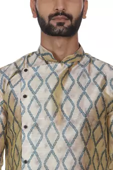 Beige Printed Brocade Silk Men Kurtas