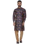 Brocade Silk Printed Silk Blue Men Kurta