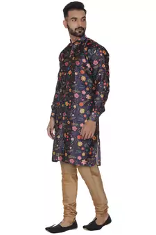 Brocade Silk Printed Silk Blue Men Kurta
