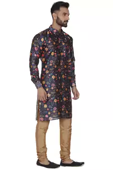 Brocade Silk Printed Silk Blue Men Kurta