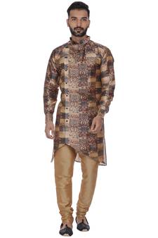 Brown Printed Brocade Silk Men Kurtas