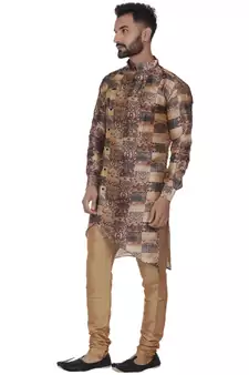 Brown Printed Brocade Silk Men Kurtas