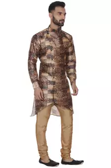 Brown Printed Brocade Silk Men Kurtas