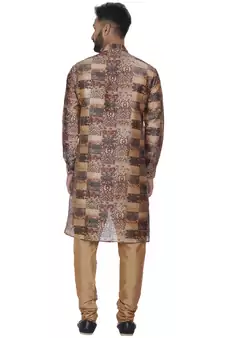 Brown Printed Brocade Silk Men Kurtas