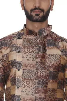 Brown Printed Brocade Silk Men Kurtas