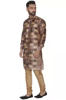 Brown Printed Brocade Silk Men Kurtas