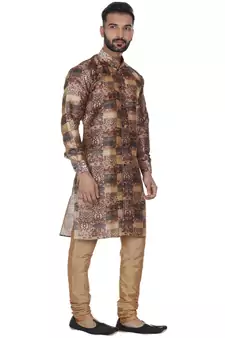 Brown Printed Brocade Silk Men Kurtas