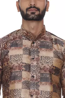 Brown Printed Brocade Silk Men Kurtas