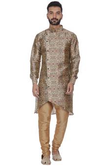 Brown Printed Brocade Silk Men Kurtas