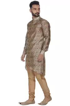 Brown Printed Brocade Silk Men Kurtas