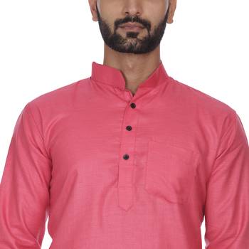 Pink Plain Cotton Men Kurtas 5