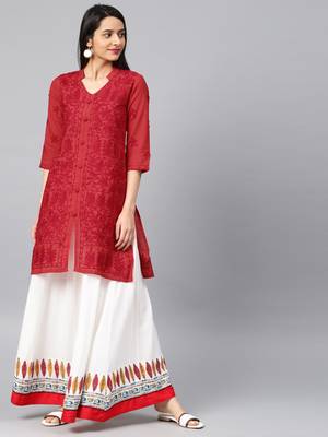 Red hand woven cotton chikankari-kurtis 1