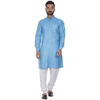 Blue Plain Cotton Men Kurtas 1