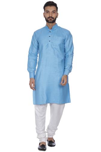 Blue Plain Cotton Men Kurtas