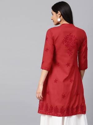 Red hand woven cotton chikankari-kurtis 2