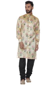Beige Printed Brocade Silk Men Kurtas
