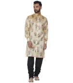 Beige Printed Brocade Silk Men Kurtas