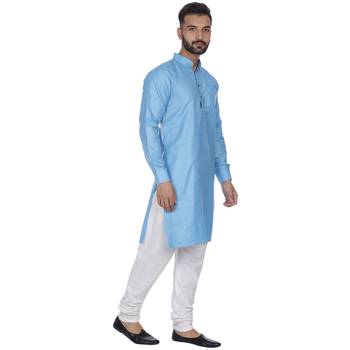 Blue Plain Cotton Men Kurtas 3