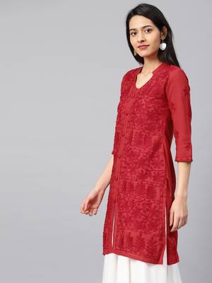 Red hand woven cotton chikankari-kurtis 3
