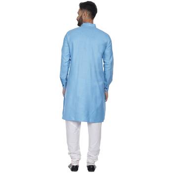 Blue Plain Cotton Men Kurtas 4