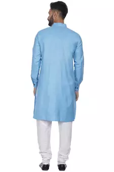 Blue Plain Cotton Men Kurtas