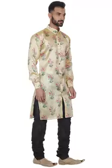 Beige Printed Brocade Silk Men Kurtas