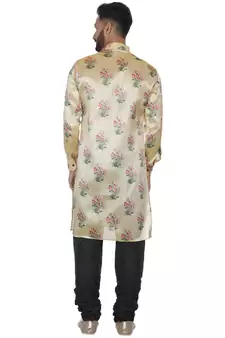 Beige Printed Brocade Silk Men Kurtas
