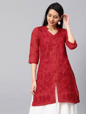 Red hand woven cotton chikankari-kurtis 4