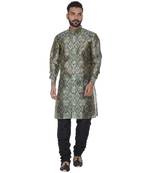 Green Printed Brocade Silk Men Kurtas