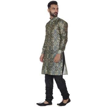 Green Printed Brocade Silk Men Kurtas 2
