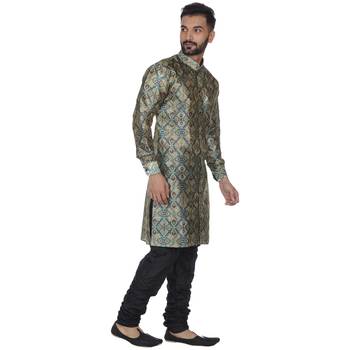 Green Printed Brocade Silk Men Kurtas 3