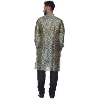 Green Printed Brocade Silk Men Kurtas 4