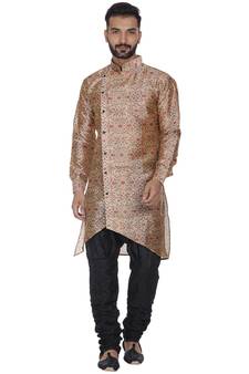 Beige Printed Brocade Silk Men Kurtas