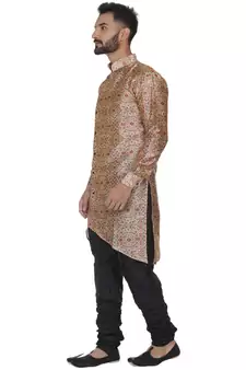 Beige Printed Brocade Silk Men Kurtas